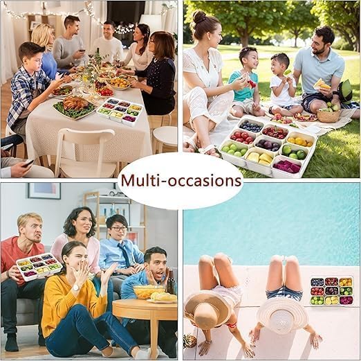 Image of TopinonDivided Veggie Tray with Lid and Handle 9 Compartment Serving Tray with Dividers Portable Travel Snack Containers Stackable Box Charcuterie Container for Fruit,Vegetable,Salad (9 Grid - 1 PC)