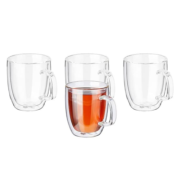 Amazon Brand - Solimo Borosilicate Glass Tea Cup, Double Wall, Extra-Wide, Heat-Resistant, Crystal-Clear, Ideal for Tea, Coffee and Other Beverages (Set of 4, 350 Ml Each)