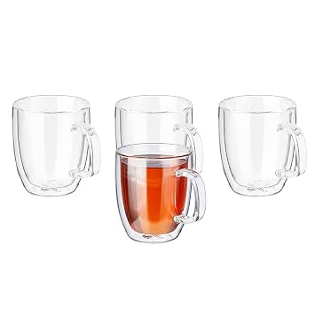 Amazon Brand - Solimo Borosilicate Glass Tea Cup, Double Wall, Extra-Wide, Heat-Resistant, Crystal-Clear, Ideal for Tea, Coffee and Other Beverages (Set of 4, 350 Ml Each)