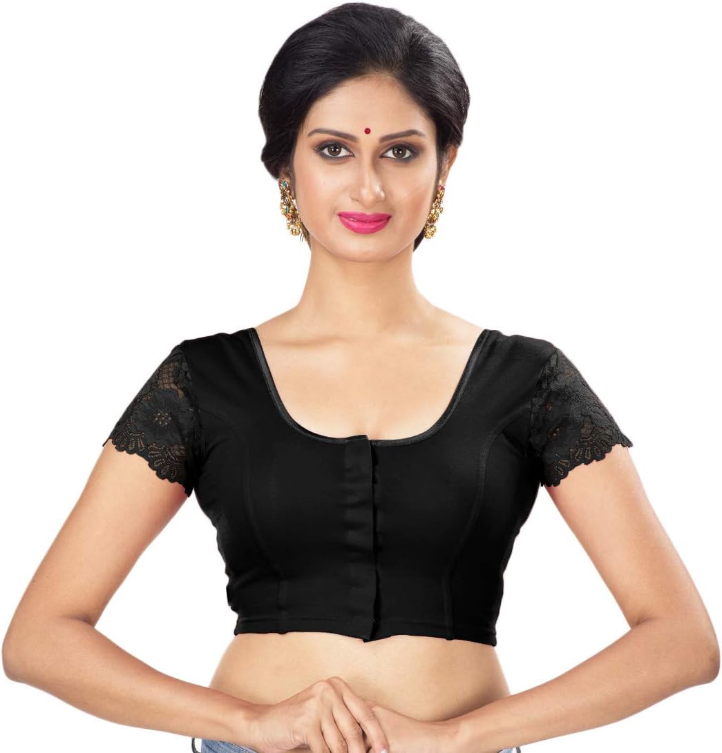 Abhi Women's Stretchable Net Sleeves Front Hook Blouse Black 38