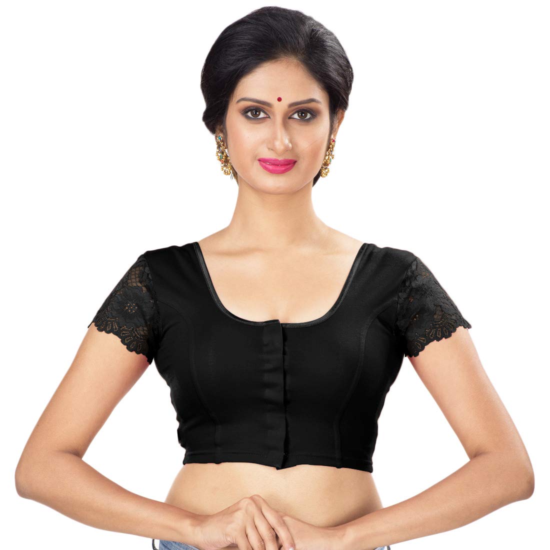 Abhi Women's Stretchable Net Sleeves Front Hook Blouse Black 38