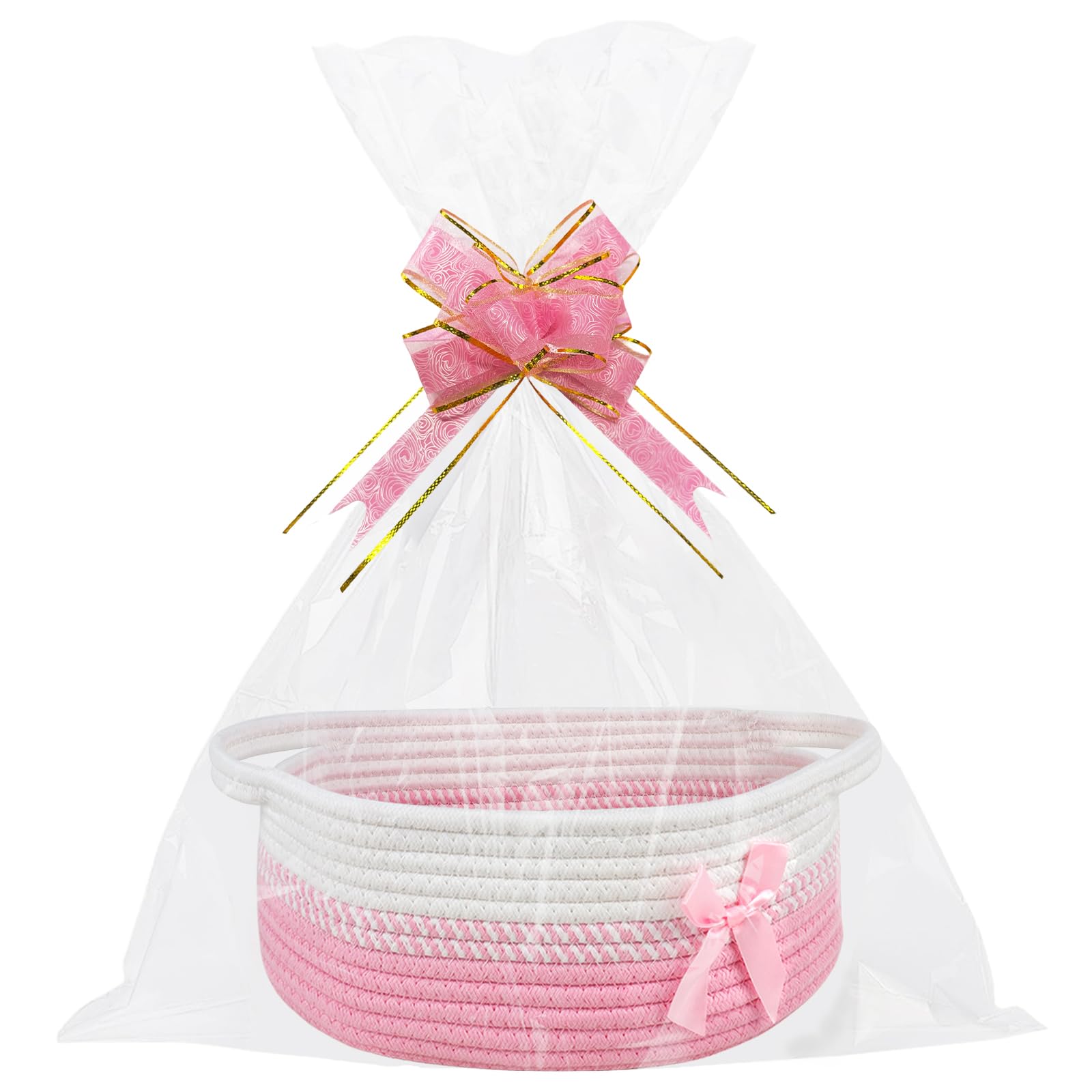 Lotvic Gift Basket, Hamper Kit, Empty Hamper Basket with Cellophane Bags and Pull Bows, Gift Baskets with Handles, Woven Gift Baskets for Baby Shower, Wedding, Birthday, Housewarming (Pink & White)
