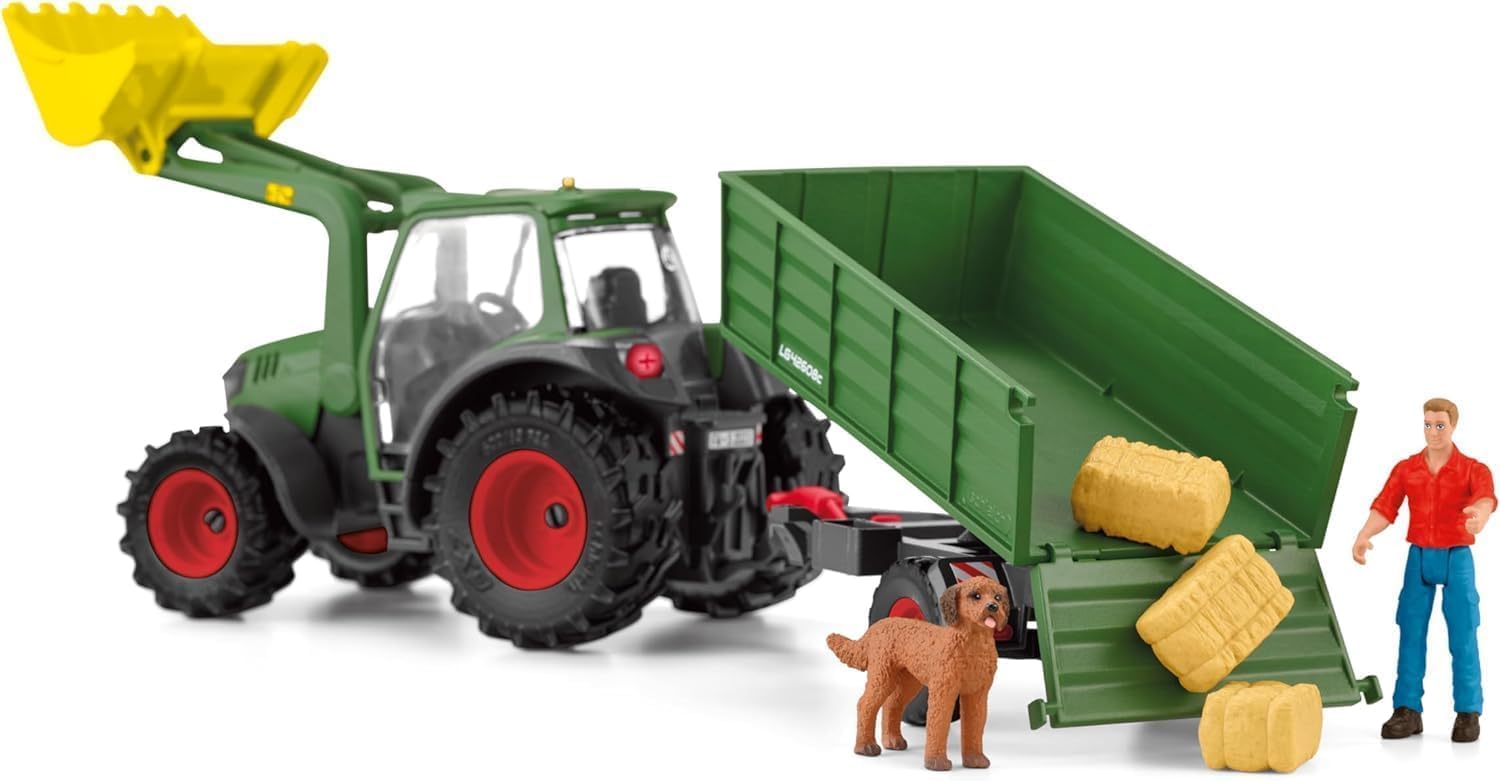Schleich Farm World - 7 PC Green Tractor with Trailer Toy Playset with Farmer and Dog Figurine for Boys and Girls - Ranch Farming Figures - Farm Equipment Toys for Kids and Toddlers Ages 3+