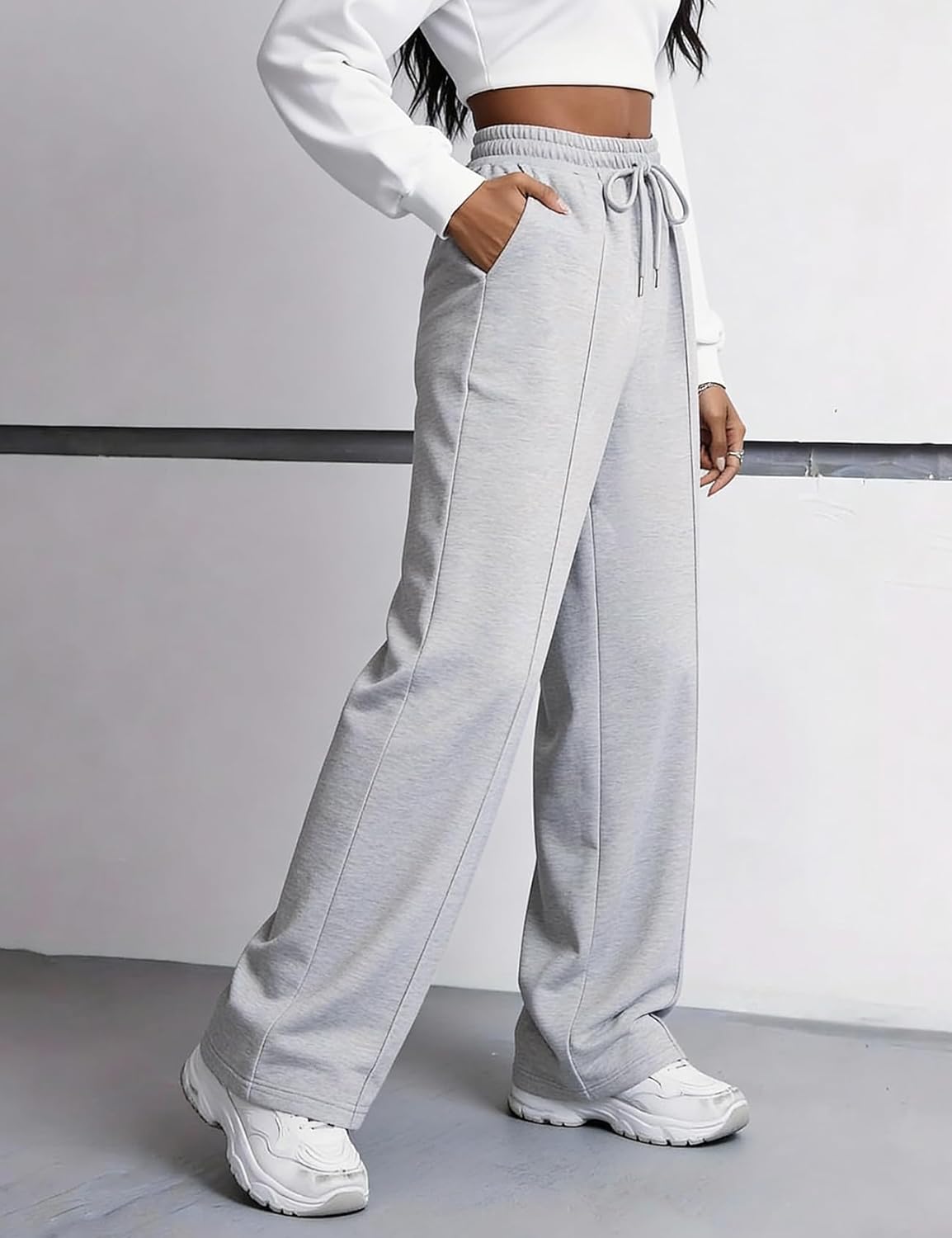 Flygo Womens Wide Leg Sweatpants Drawstring Elastic Waist Baggy Pants Trendy Loose Athletic Joggers with Pocket - Image 4