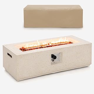 Safstar Propane Fire Pit Table, 42 Inch 50,000 BTU Gas Fire Pit Table W/Stainless Steel Burner, & Volcanic Rocks, PVC Protective Cover, Outdoor Rectangular Terrazzo Fire Tables for Patio Pool Balcony