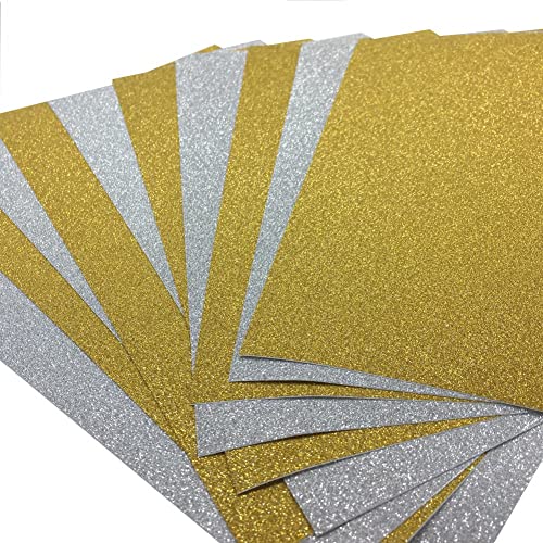 10 Blatt Klebefolie Glitzer Selbstklebende Dekofolie A4 Farbige Bastelfolie Glitter Vinyl Aufkleber für DIY Handwerk Scrapbooking Gold mit Silber Cover