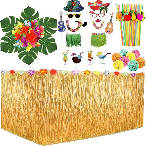 Evance 165 Pezzi Gonna Tavolo Hawaiana Tovaglia da Tavolo Set, Foglie di Palma Fiori Photo Booth Stile Hawaii e Cannucce di Frutta (Oro)