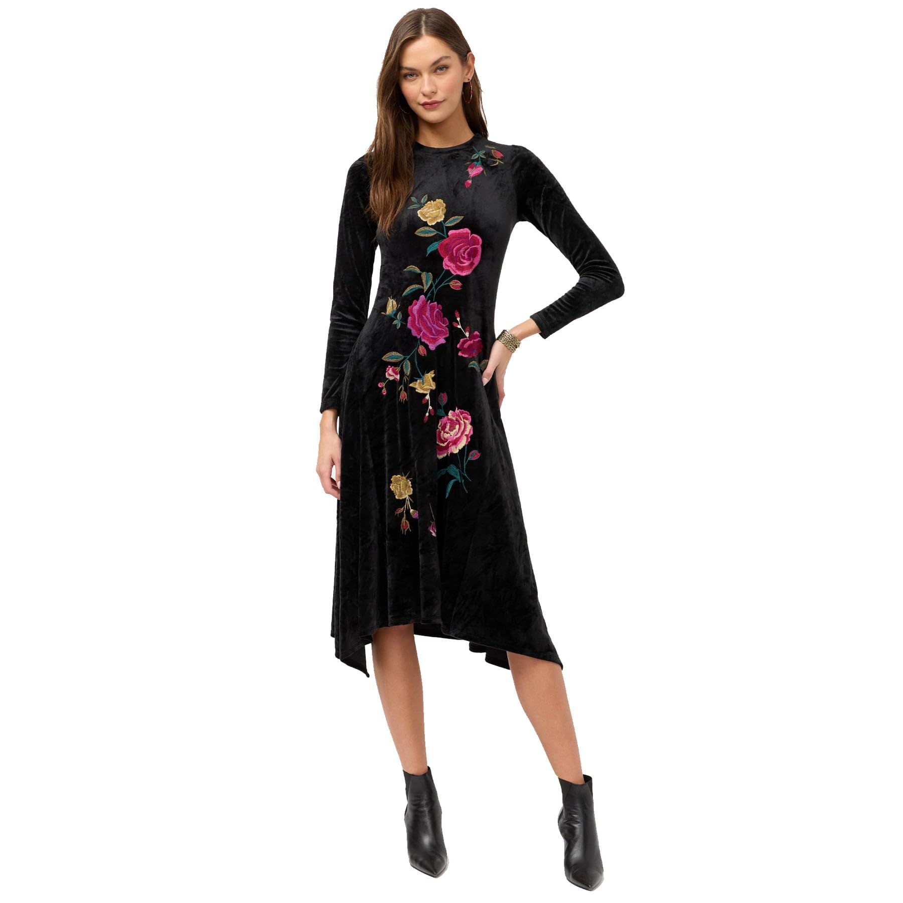 Johnny Was Rosilia Handkerchief Hem Velour Dress Long Floral Embroidery Black New
