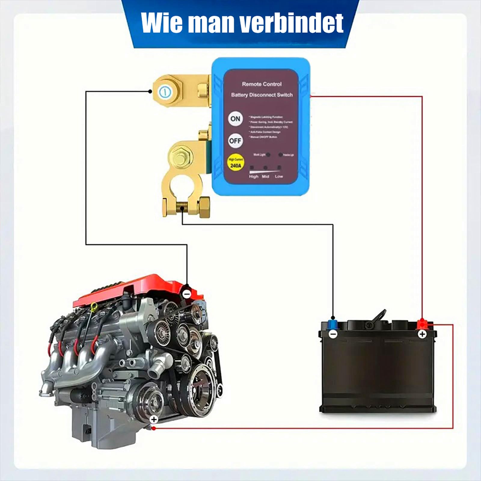 Drahtlose Fernbedienung Auto Isolator Schalter,12V/24V Batterie Trennschalter 240A,Kill Switch Anti-Diebstahl Automatische Abschaltung Batterietrennschalter (Standard)