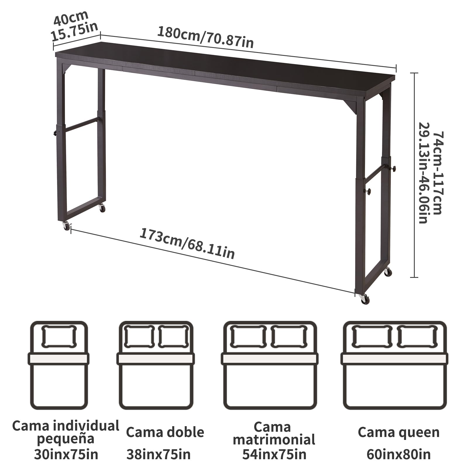 Aibiju Mesa de Cama con Ruedas, Escritorio móvil con Altura Ajustable, Mesa con Ruedas, Mesa para portátil, para Dormitorio, Sala de Estar, Oficina,Negro YD-BT001B