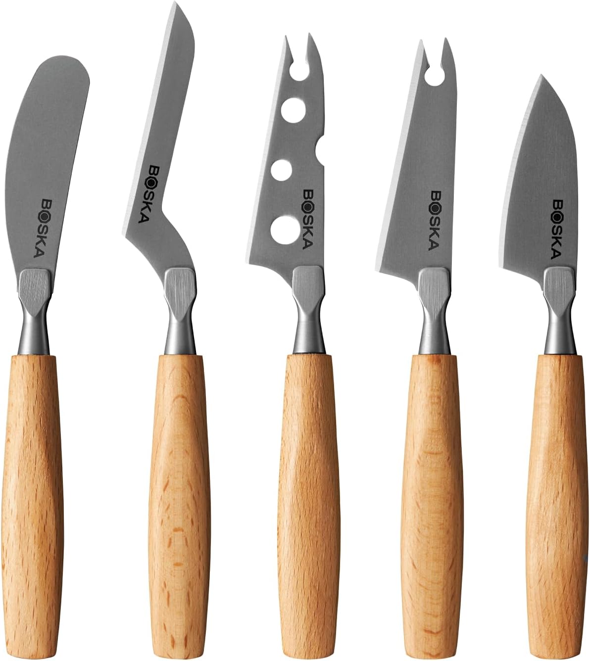 Boska Cheese Knife Set Amigo Small/Set of 5 Small Knives/Cheese Knives for Any Cheese/Ergonomic Handle/Stainless Steel/Beech Wood/Non-Stick by BSF Treatment