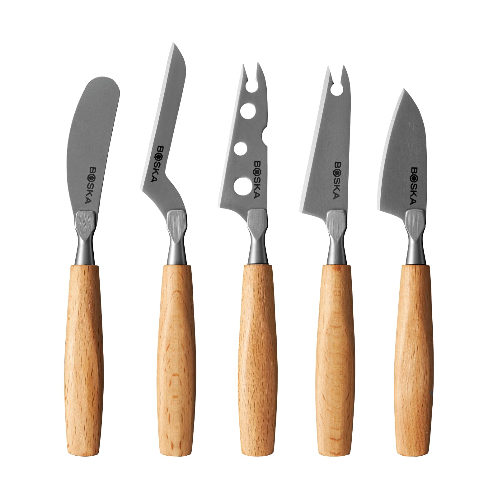 Boska Cheese Knife Set Amigo Small/Set of 5 Small Knives/Cheese Knives for Any Cheese/Ergonomic Handle/Stainless Steel/Beech Wood/Non-Stick by BSF Treatment