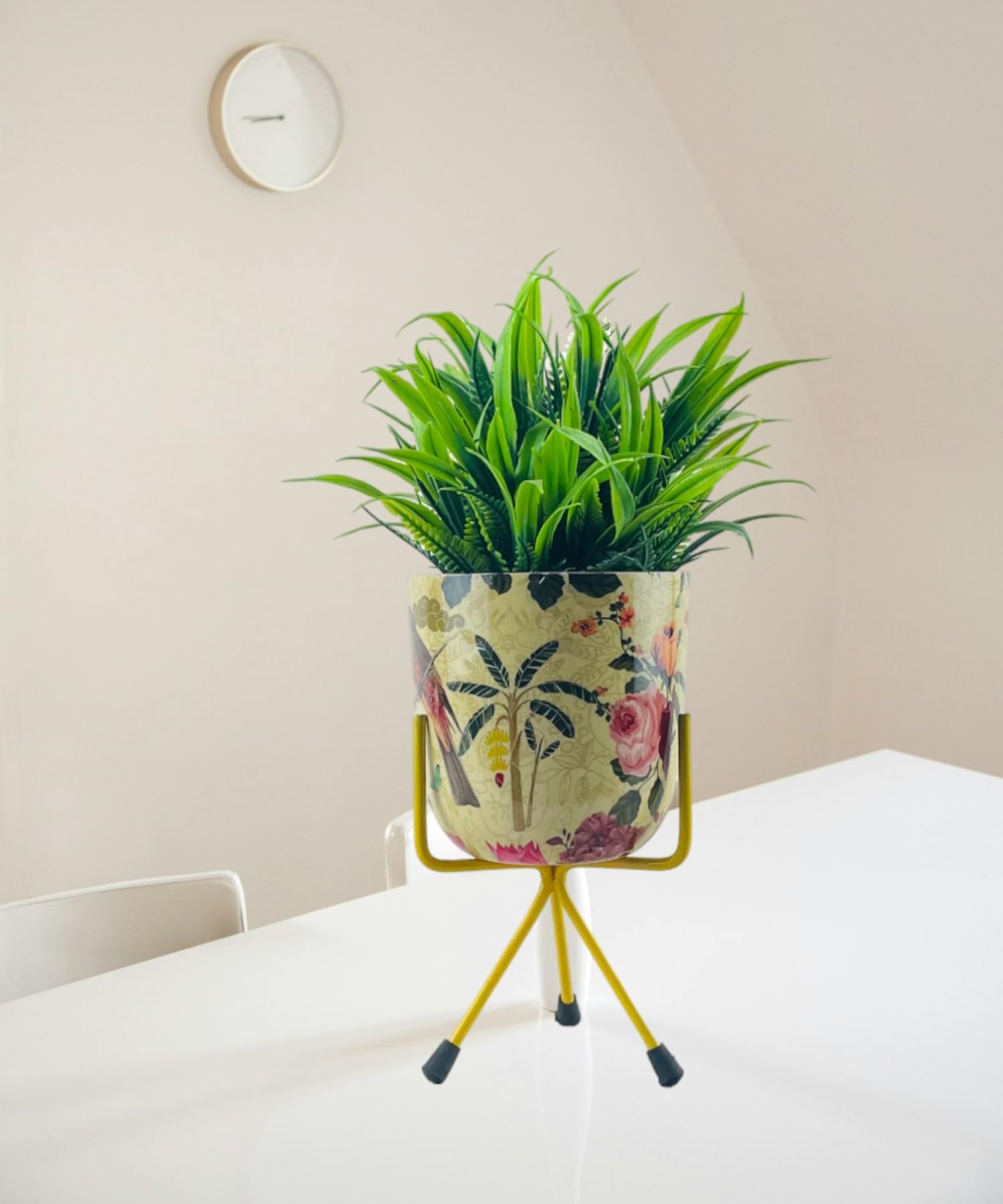 HOMACE Metal Flower Pot with Tripod Stand | Table Top Flower Pot | Indoor Flower Planter for Home, Office, Living Room, Balcony,Holi Gift (Colour Red,Pink,Yellow) (Tree Print Multicolur) (B0CX1XQJC9) Amazon Price History, Amazon Price Tracker
