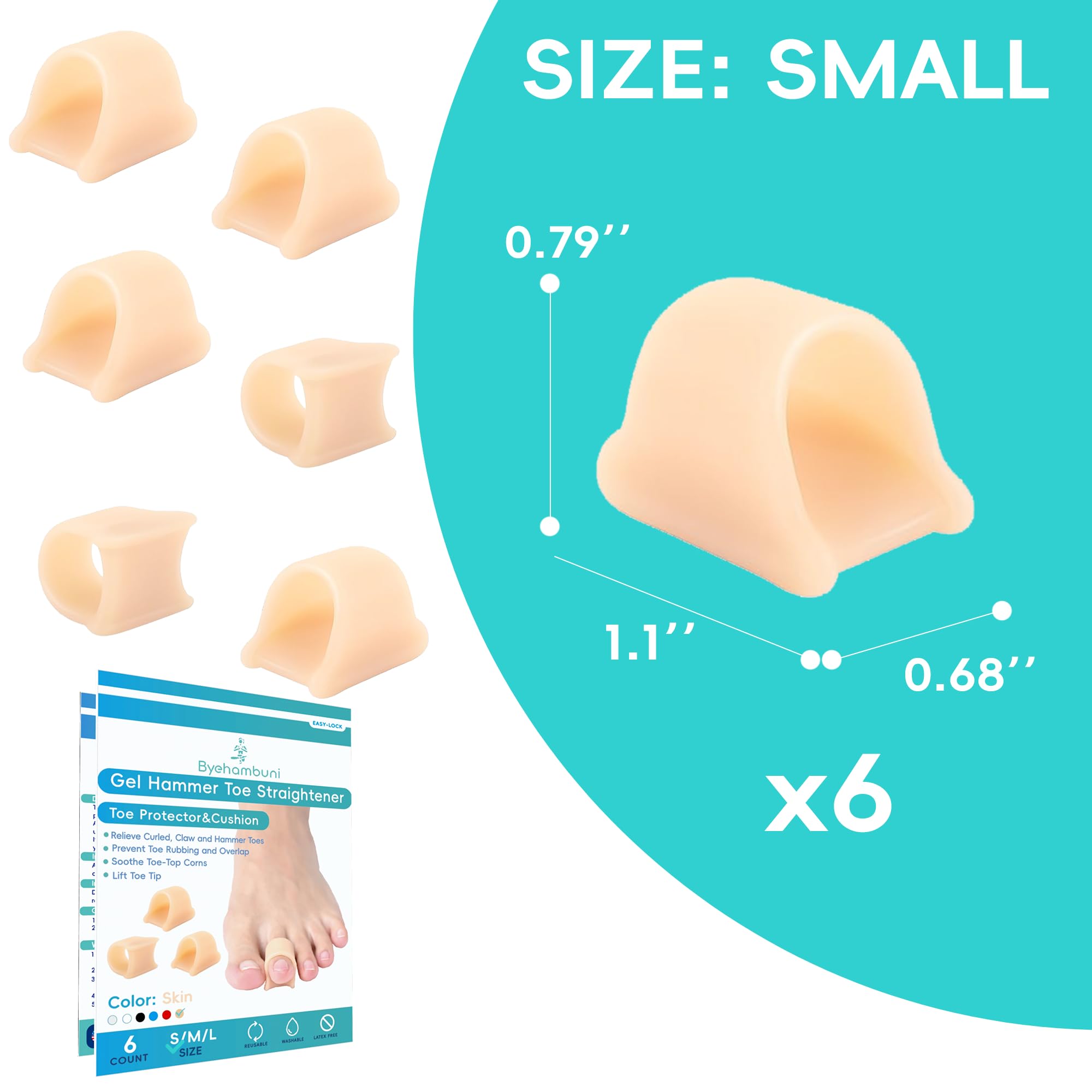 Byehambuni Pinky Hammer Toe Straightener – Correttore per dita a martello, per donne e uomini, raddrizzatore per dita dei piedi arricciate – Diametro del foro 1,3 cm – Beige, 6 pezzi di piccole