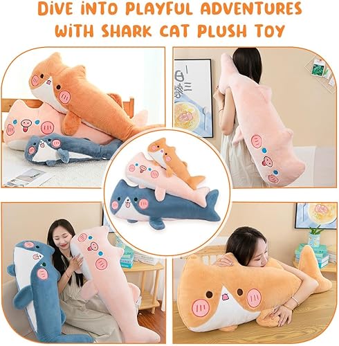 Miniatura 3 de Oeonuas Almohada de felpa suave de gato de tiburón, peluche largo de peluche de gato de tiburón, regalo encantador para niños y niñas (23.6