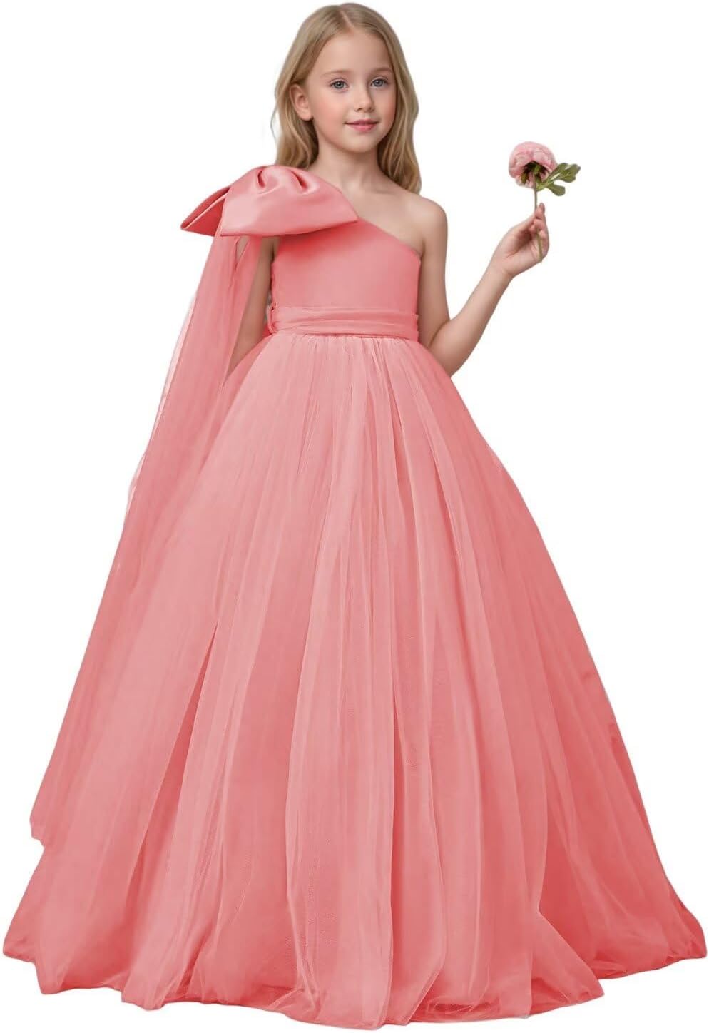 One Shoulder Flower Girl Dresses Satin and Tulle Ball Gown Big Bow Pleated  First Communion Dress
