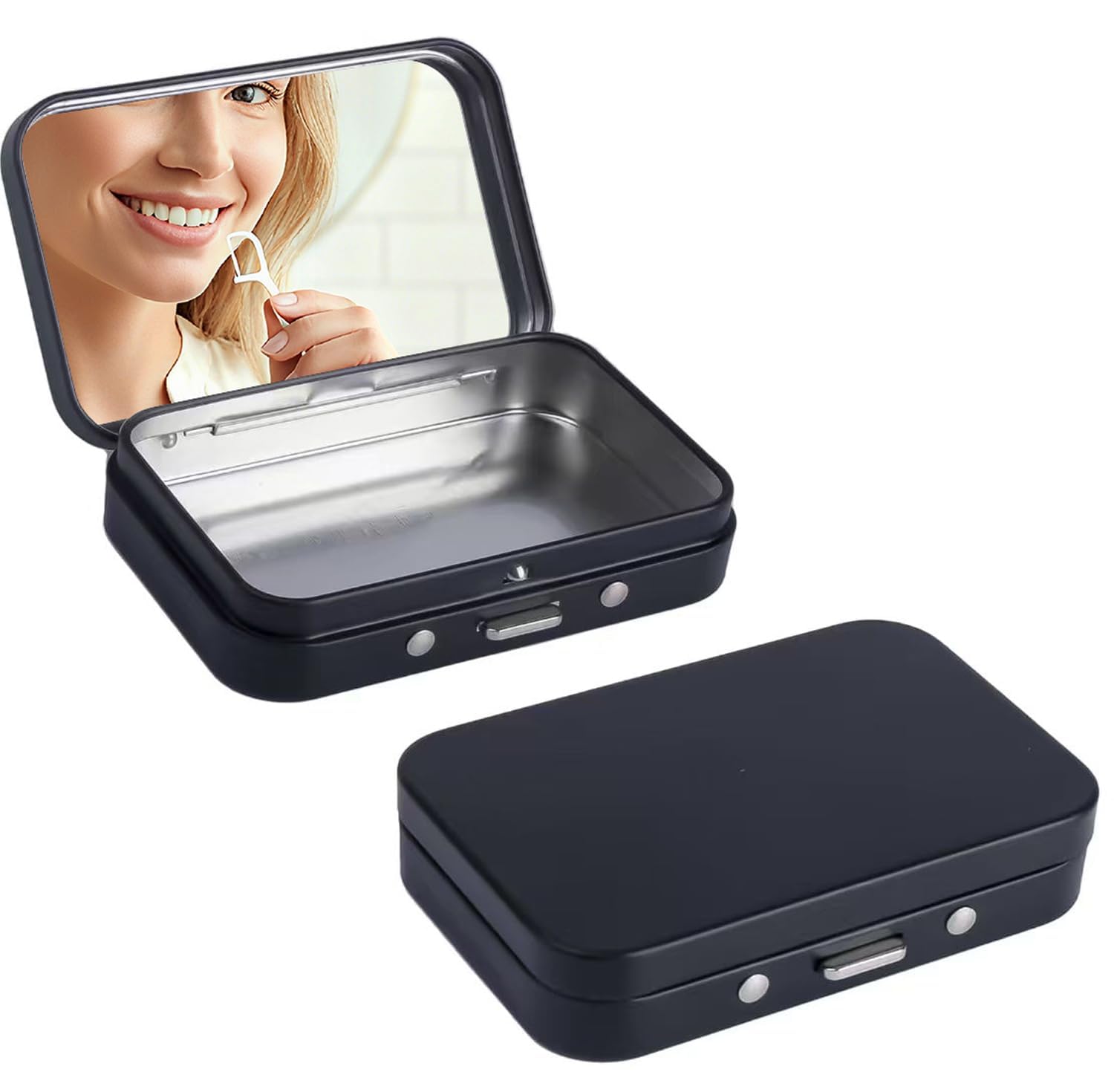 Paquete de 2 fundas portátiles para hilo dental, contenedor portátil recargable con espejo, dispensador de hilo dental pequeño para viajes, citas, cenas y hoteles (color negro), Black, 0.5