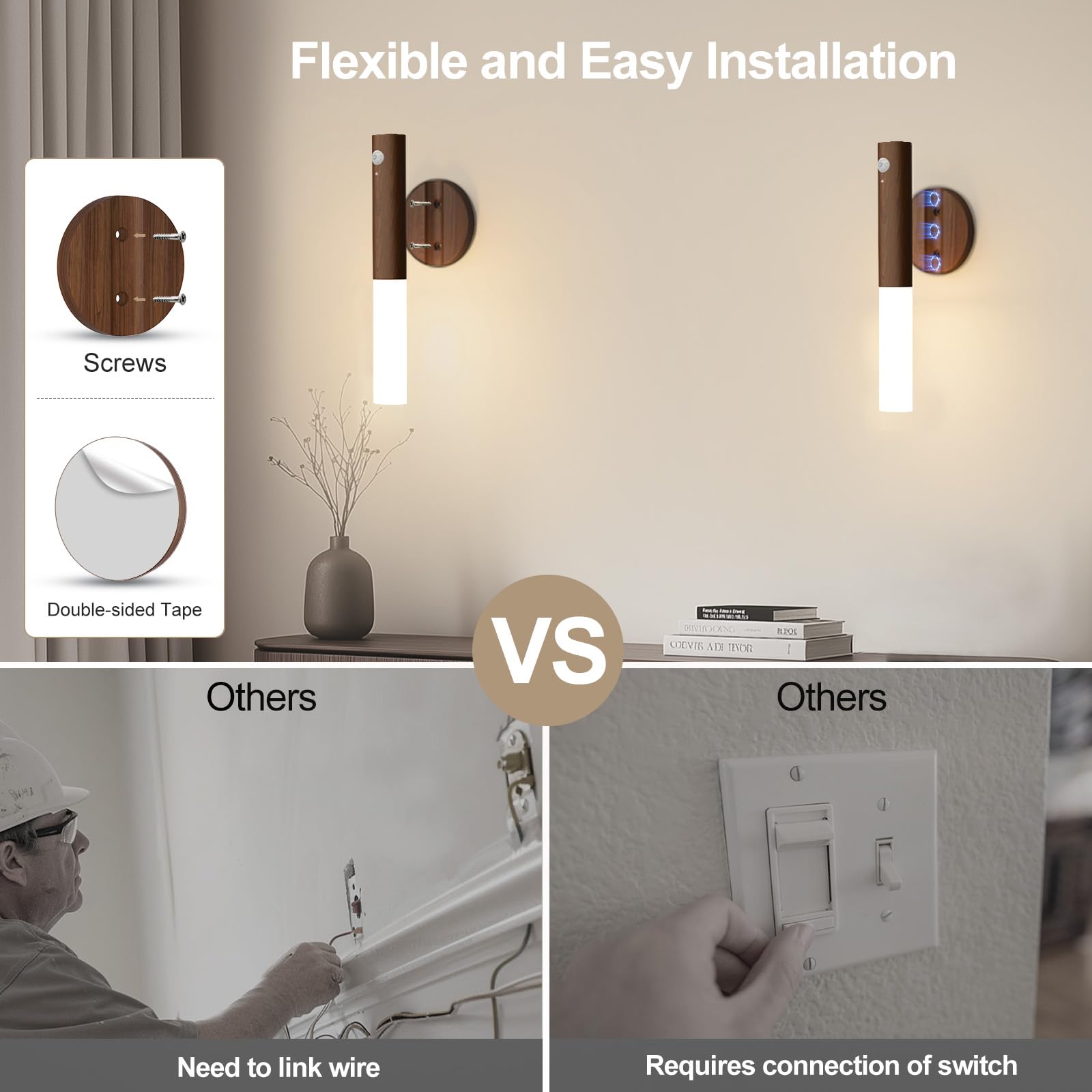Whitepoplar Veilleuse à piles avec détecteur de mouvement : appliques murales rechargeables 2200 mAh