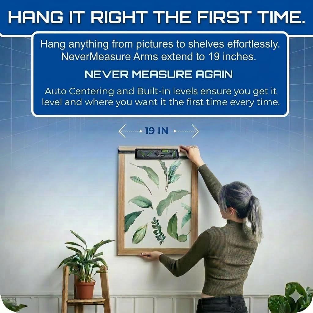 Picture Hanging Tool with Level | No-Measure Picture Hanging Tool | Patented Auto-Centering Arms Extend to 19 Inches | Made in USA