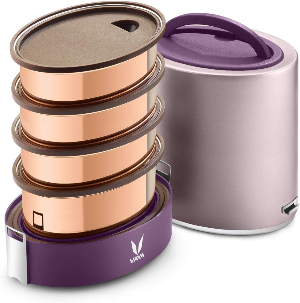 VAYA TYFFYN Jumbo Lunch Box for Office for Women, Copper Finished Steel Lunch Box Without Bagmat,1300mlVacuum Insulated Hot Lunch Box, Leakproof Hot Tiffin Box with 4 Compartments,Purple