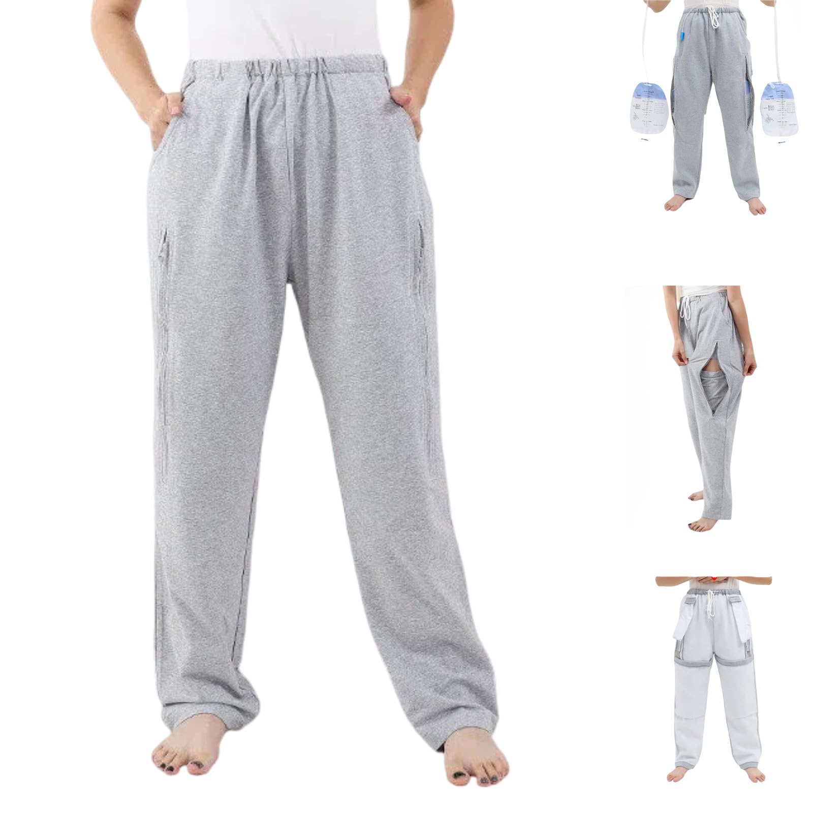 Catheter Pants for Men Women, Incontinence Urine Leg Bag Holder Pants with Dual Inner Pockets for Elderly, Nephrostomy, Cystostomy, Biliary Drainage(Gray,2XL)