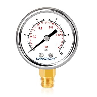 UHARBOUR Lead-Free Water Pressure Gauge 0-15Psi, 2" Dial 1/4" NPT | Stainless Steel Case Lower Mount Water Pressure Tester Gauge for Home Plumbing