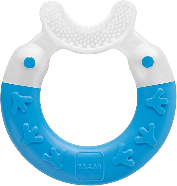 MAM Bite & Brush, Baby Ring Suitable From 3+ Months Old, Teething Toy Promotes Dental Hygiene and Cleanliness, Soothes Painful Gums, Blue