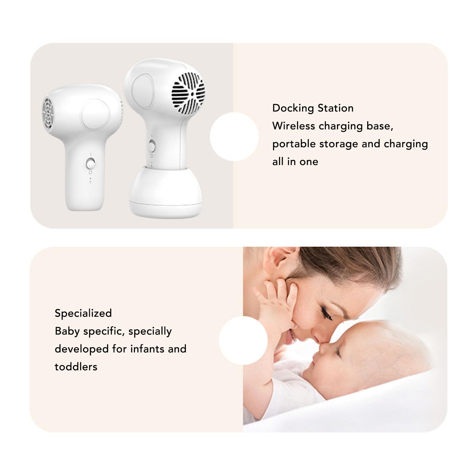 Secador de pelo inalámbrico para bebés, 2 velocidades, 7,4 V, temperatura constante, suave, silencioso, portátil, para bebés y niños pequeños.