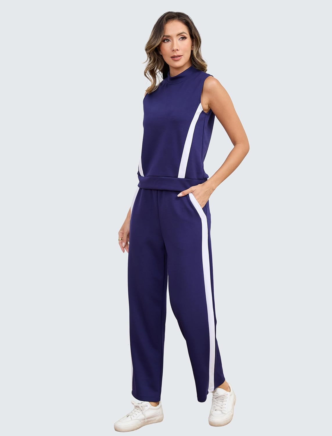 2 Piece Sets for Women Summer Outfits Lounge Sets Mock Neck Wide Leg Pants Stripes Casual Loungewear Tracksuits - Image 3