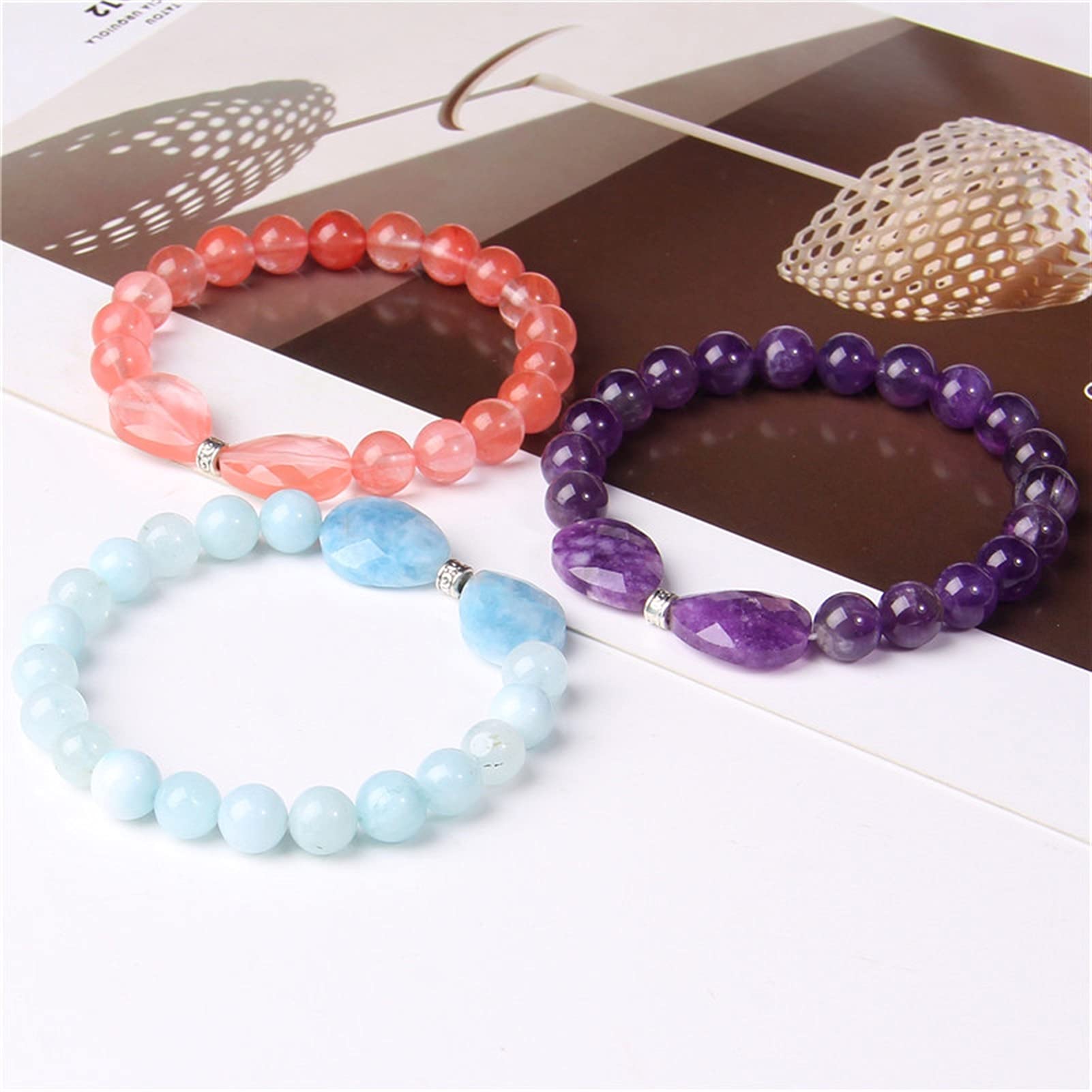 WXKAGF Bracciale in Pietra Naturale Bracciale in Pietra Naturale da 8 mm Bracciale con Perline Reiki Quarzo Rosa Avventurina Ametiste Braccialetti con ciondoli in Cristallo Bracciale Gioielli