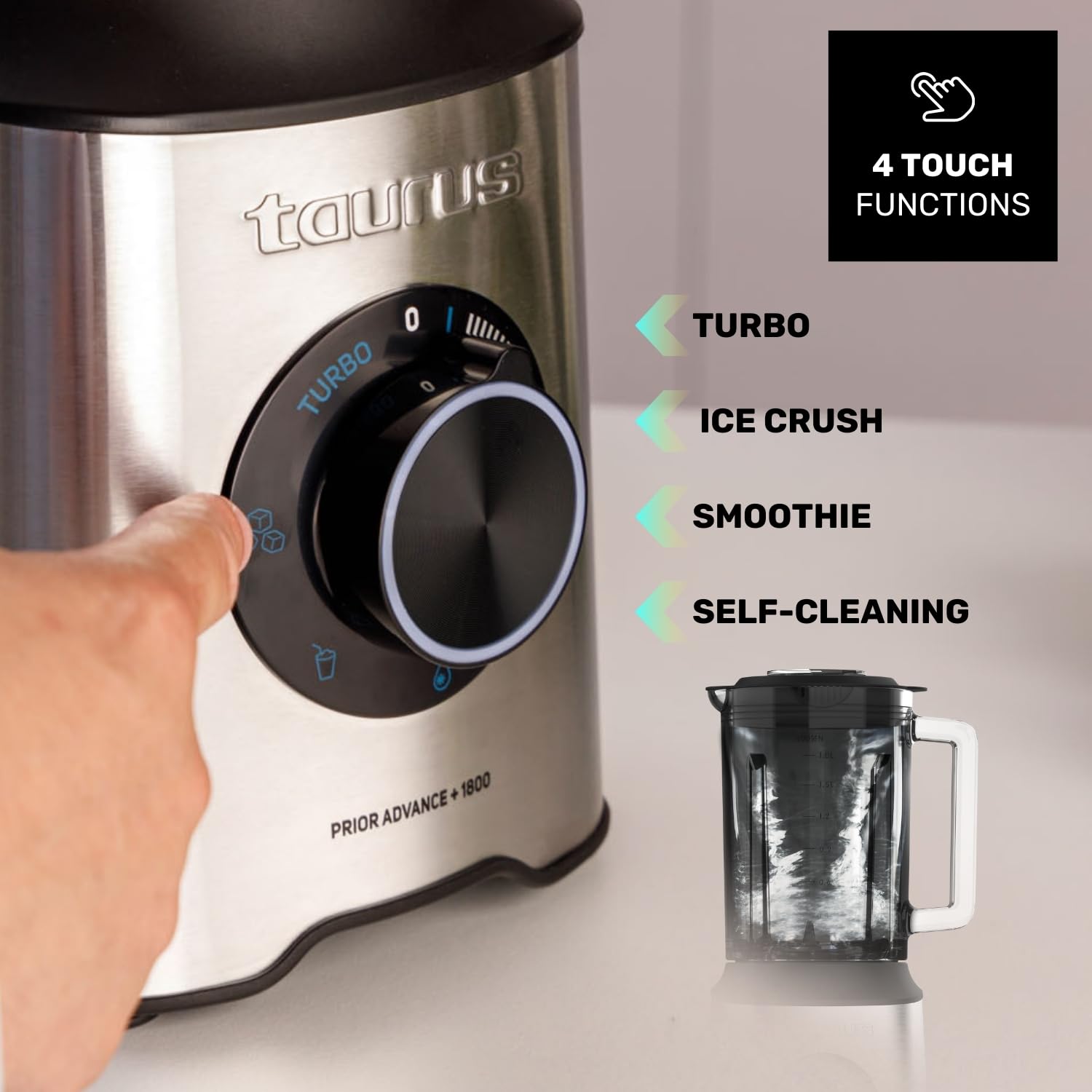 Taurus - Batidora de Vaso Prior 1800W, 20 Velocidades, Turbo + 4 Funciones, Pica Hielo, Smoothie, 6 Cuchillas, Filtro Antipulpa, Vaso Portátil, Apta Lavavajillas, Libre de BPA, Negro/Metálico