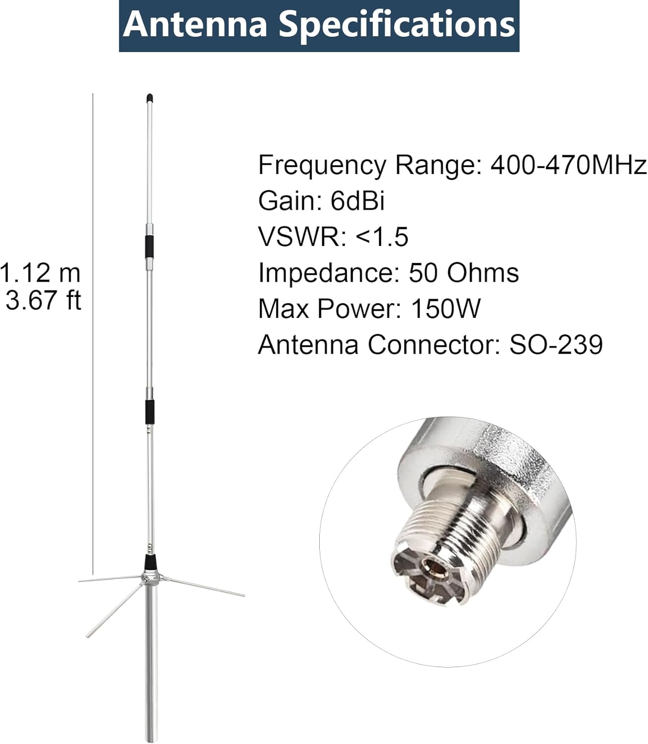 UHF GMRS Base Antenna for 400-470MHz Repeaters High Gain 6dBi Aluminum Alloy Antenna for Base Station with 32ft PL-259 Coaxial Cable and SMA Adaptor