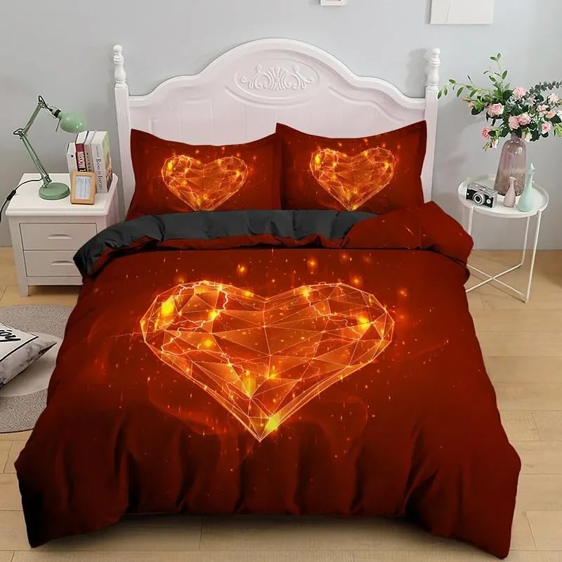 Housse de couette 140x200 rouge vintage avec taie d'oreiller motif cœur à paillettes