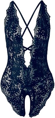 SOLY HUX Women's One Piece Lingerie Sexy Lace Babydoll Deep V Teddy Criss Cross Backless Teddy Mini Bodysuit