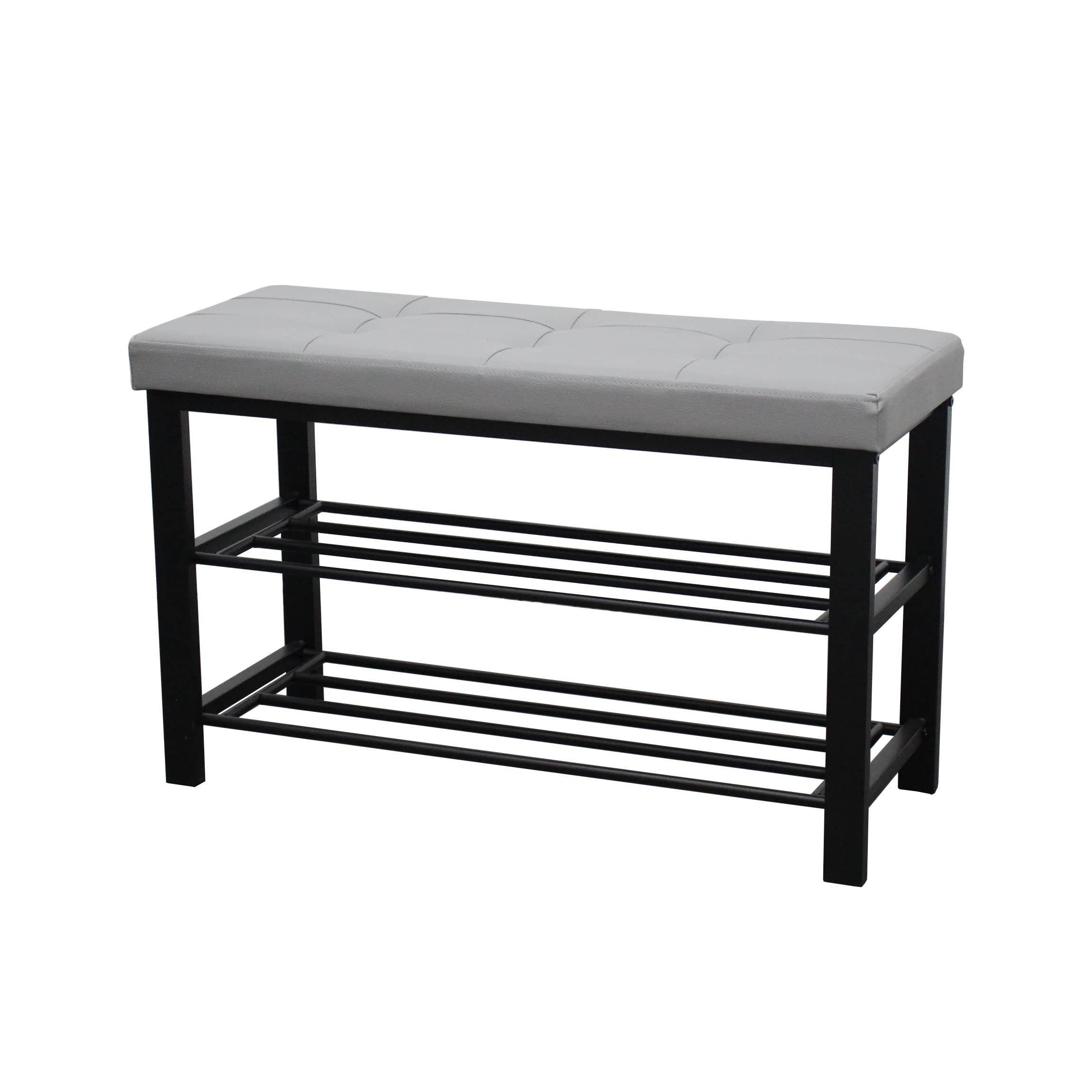 La Maison Shoe Rack Bench 3 Tier Leather Button Tufted Cushioned Seat Hallway Padded Storage Organiser Entryway Shelf Metal Frame (Silver)