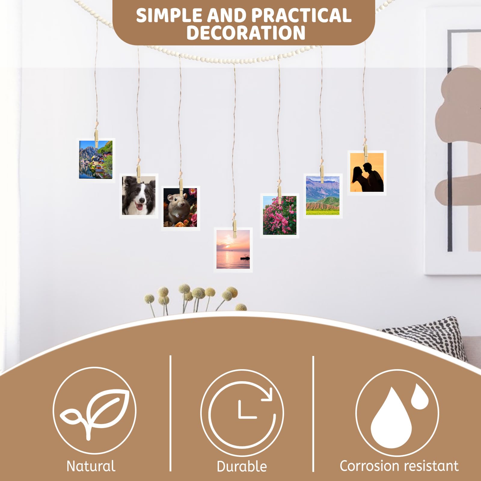 Mkono Espositore Per Foto Con Clip E Perline In Legno Bohémien: Ghirlanda A Muro Per Collage, 2 Pezzi Con 20 Clip Per Camera Da Letto, Soggiorno, Ufficio - Regalo Ideale Per Ragazze