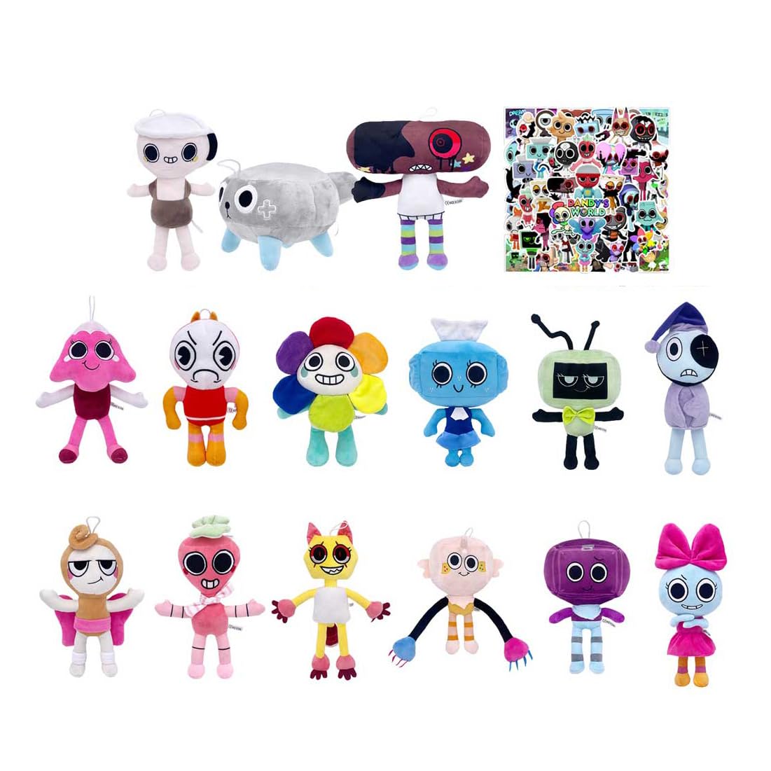 15 Dandy's World plush toys, Dandy Scary Games plush toys and 50 stickers from the same collection, soft stuffed animals