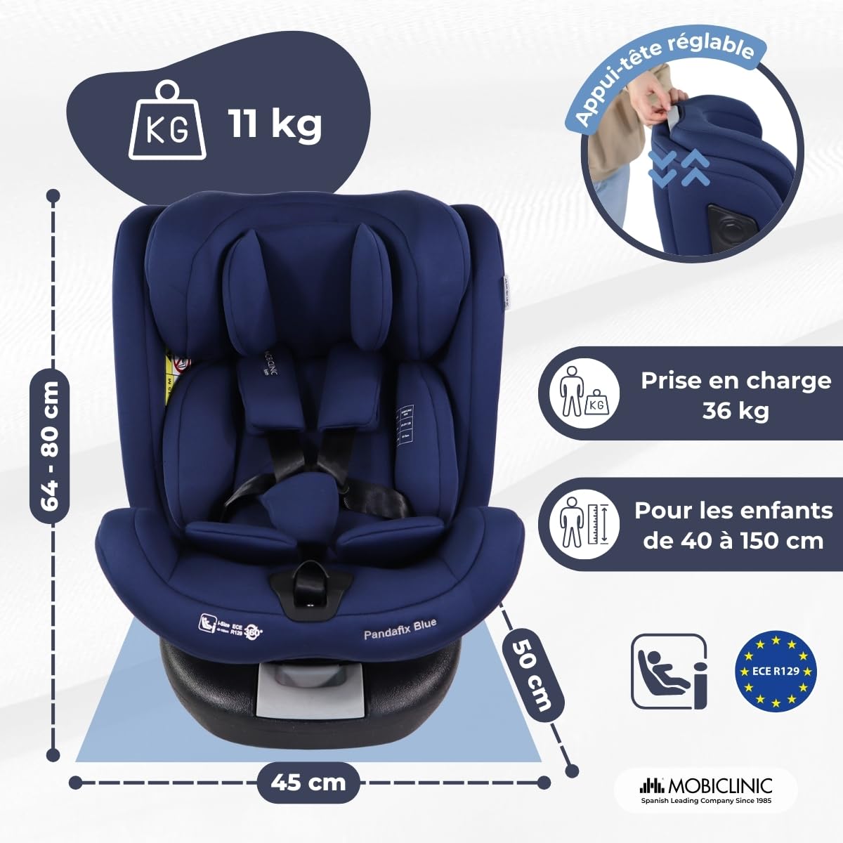 Mobiclinic®, Siège Auto, ISOFIX, Rotation à 360°, I-Size ECE R129, Fixation supérieure, Groupe 0/1/2/3, Convertible, 0 à 36 kg, Harnais 5 points, 0-12 ans, Réglable, Inclinaison 3 Positions, Pandafix