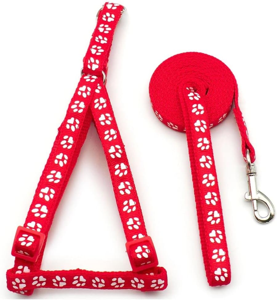 Small Dog Puppy Pet Cat Kitten Harness and Lead Set Pawprint Design Nylon Adjustable Chest Size 21-34cm and 120cm Leash Red - Image 3