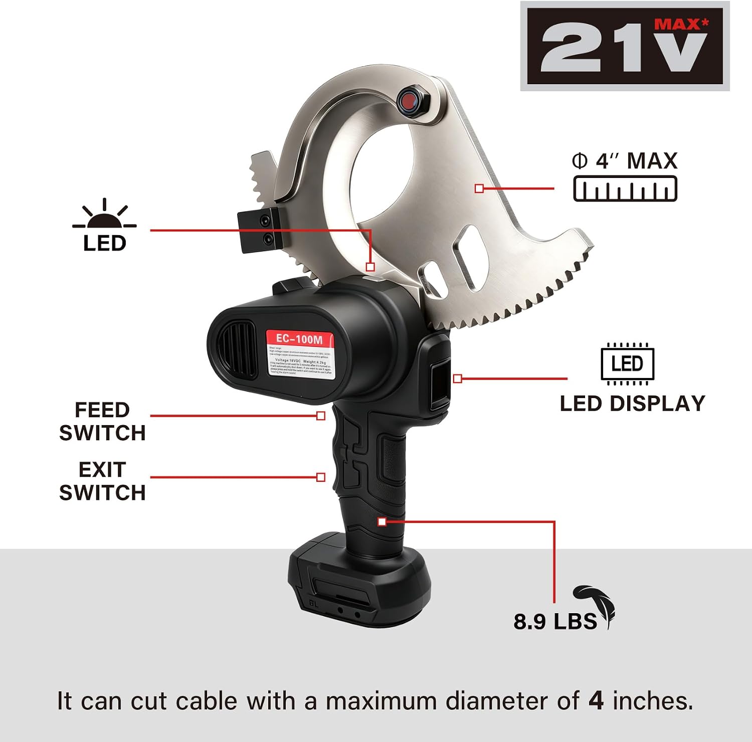 4” Battery Ratcheting Cable Cutters 21V 10lbs Cordless Electric Heavy Duty Electrical Professional Portable Cable Cutting for Diameter Communications, Armored, Lead Sheath, Copper, Aluminum Cables