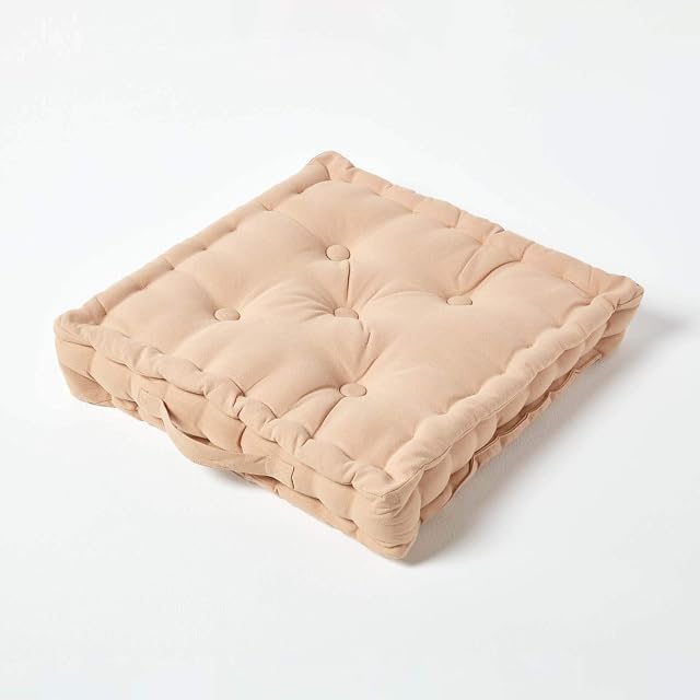 HOMESCAPES - Plain Beige - 100% Cotton - Floor Cushion - Natural Soft - 40 x 40 x 8 cm Square - Indoor - Garden - Dining Chair Booster - Seat Pad Cushion