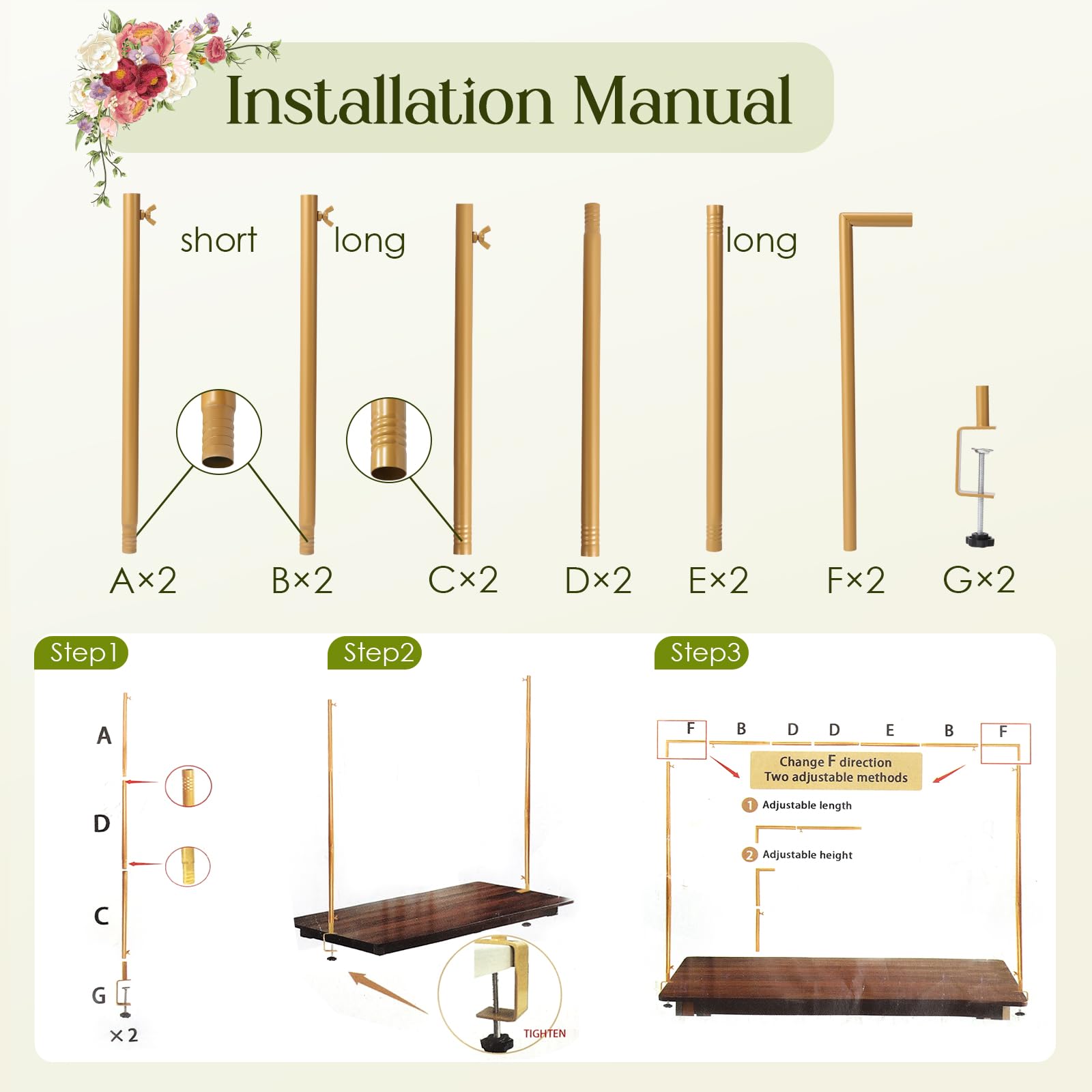 Arche de Table Extensible, Tige Décorative de Table avec Pinces, 120CM-260CM, Tige de Suspension en Métal sur Table, Arche de Table Doré pour Noël, Mariage, Anniversaire, Décoration de Fête Or