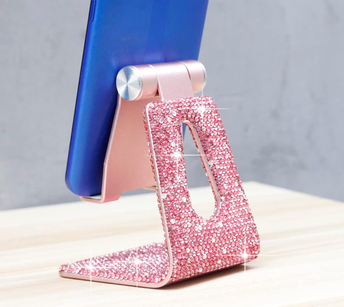 SZ Bling Rhinestone Crystal Adjustable Cell Phone Stand, Phone Holder for Desk, Phone Desktop Holder Stand Compatible with iPhone IPAD Samsung Smart(Pink)