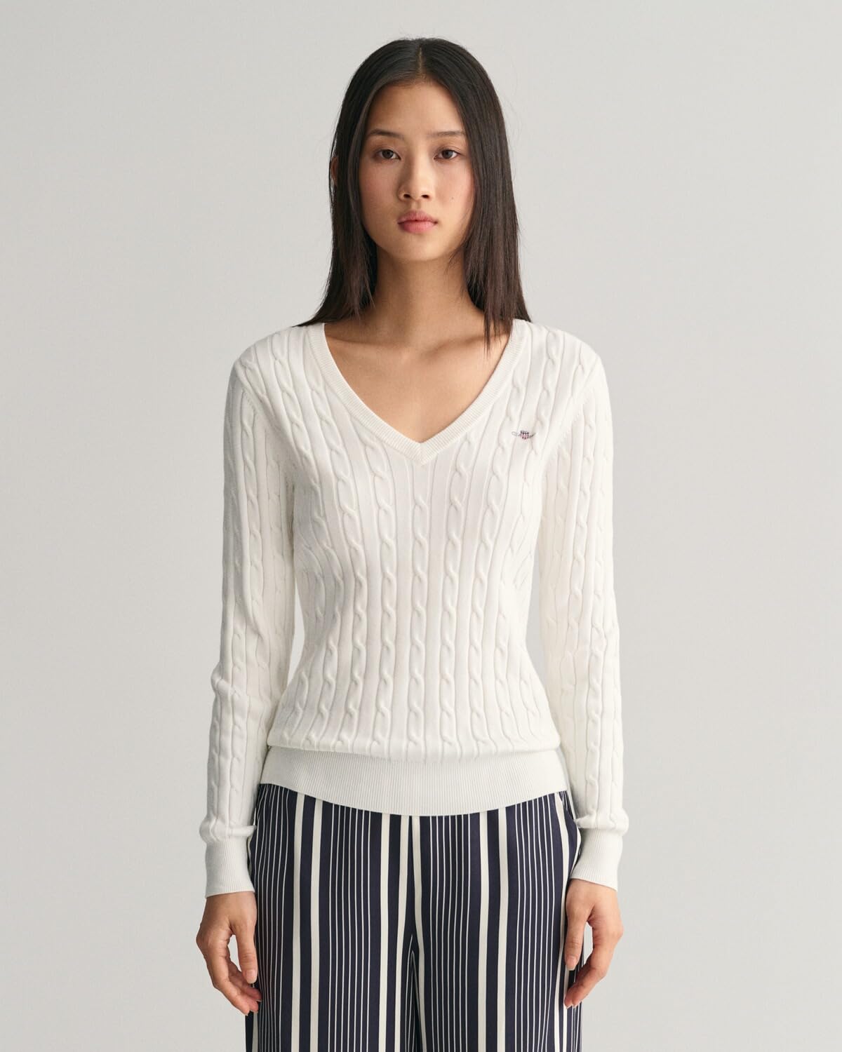 GANT Damski sweter ze stretchem bawełnianym z dekoltem w serek, Eggshell, Standard, Eggshell, M