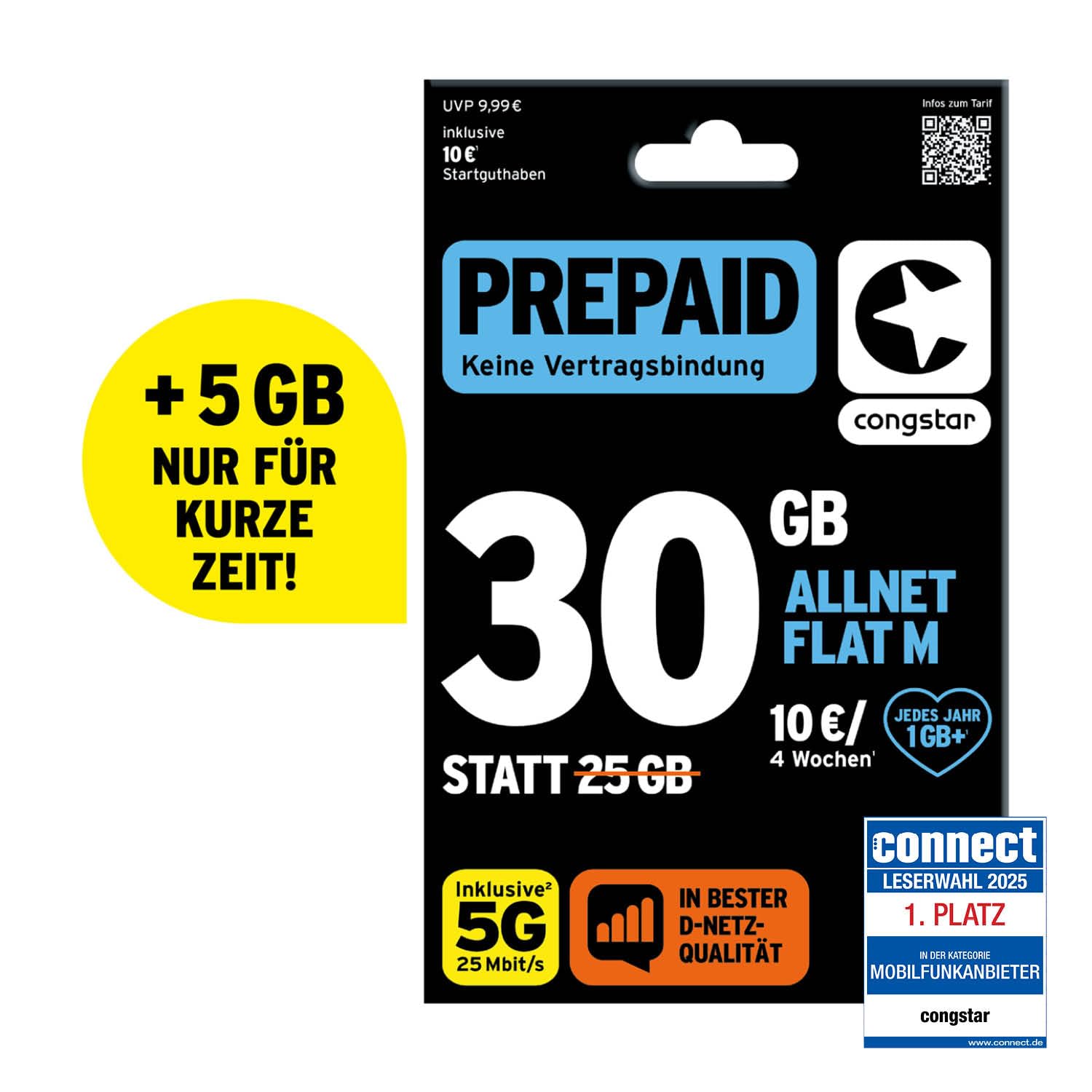 congstar Prepaid ALLNET M SIM-Karte ohne Vertrag I Prepaid-Paket in D-Netz-Qualität I 30 GB +10€ Startguthaben I Telefonie & SMS Flat in alle dt. Netze I EU-Roaming inkl.