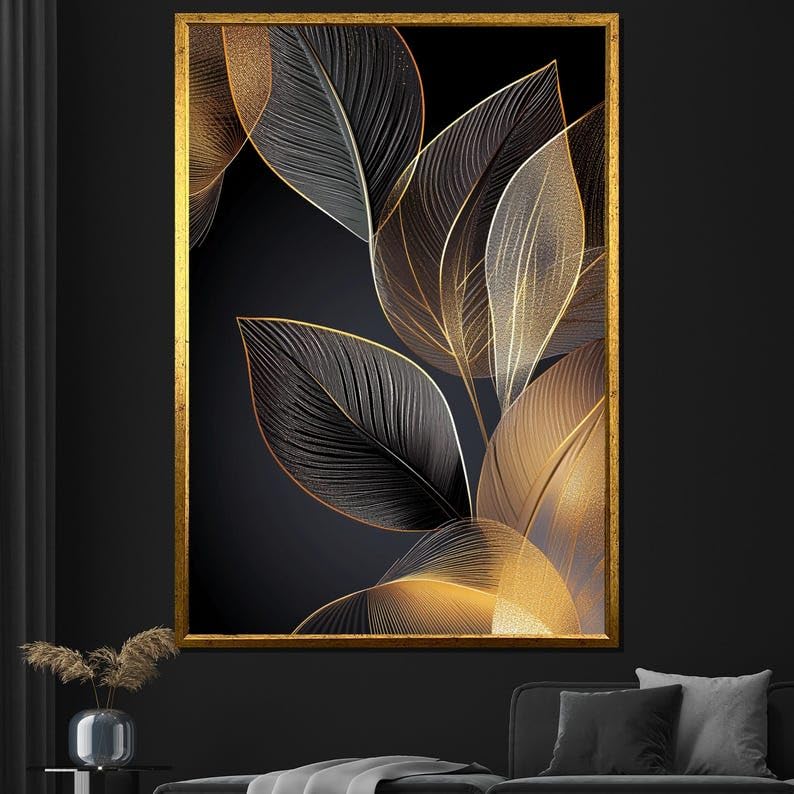 Tableau sur toile feuilles dorées chic pour créer un salon élégant