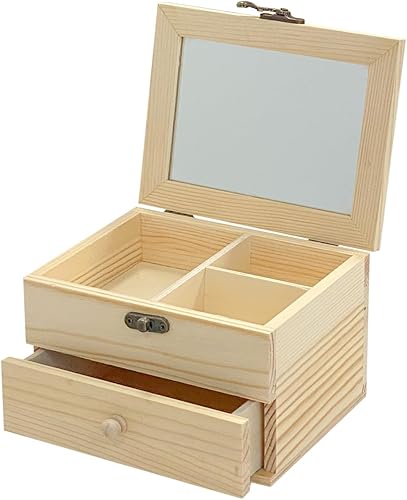 Miniatura 2 de Paquete de 3 joyeros de madera sin terminar (6 x 4.7 x 4 pulgadas), baúl de superficie de madera natural con espejo de vidrio, 1 cajón pequeño