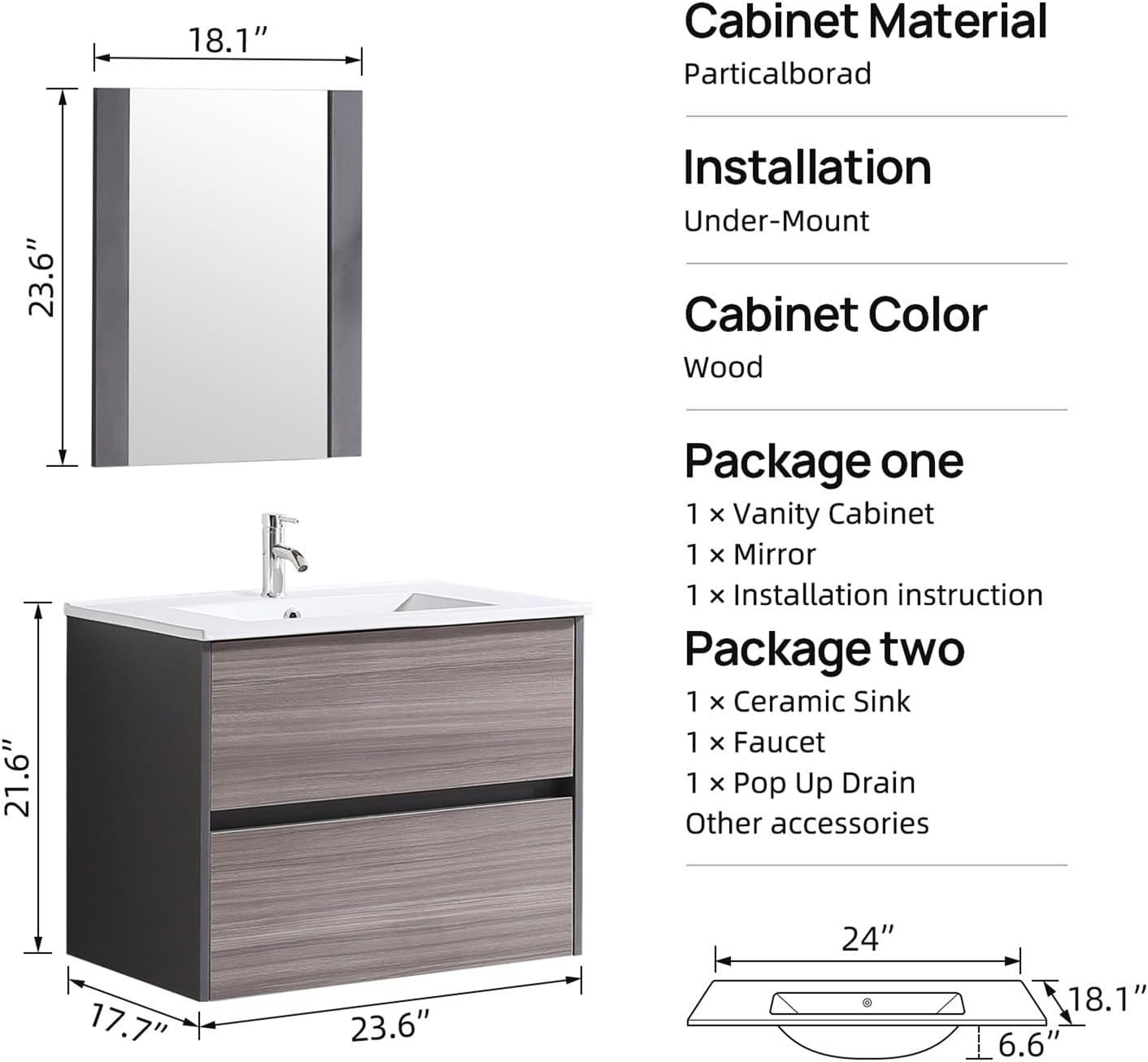 Floating Bathroom Vanity with Sink & Mirror & Faucet & Countertop Set Small Wall Mounted Bathroom Single Sink Cabinet with Double Storage Drawers Modern (Brown1)