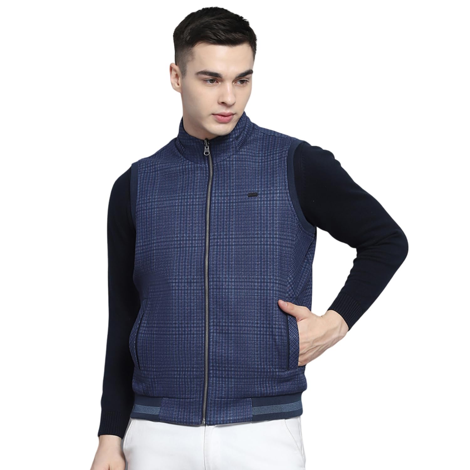 monte carlo Mens Solid Blue Mock Neck Sleeveless Jacket-picture-19