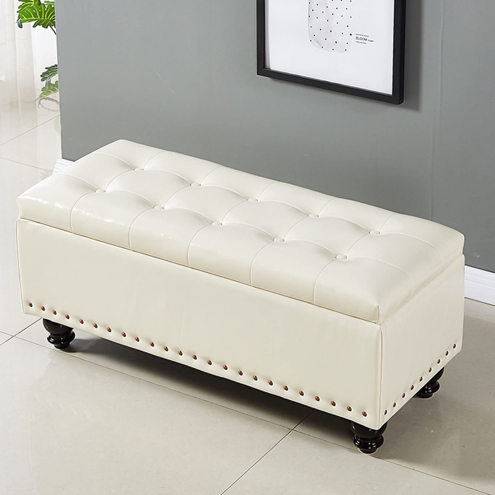Banc ottoman de rangement en cuir PU avec plateau relevable et pieds en bois massif